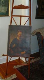 WALNUT EASEL, PAINTING OF GIRL
