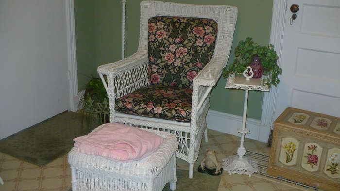 WICKER ARM CHAIR, FOOTSTOOL, SMALL IRON STAND