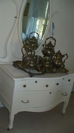 COFFEE & TEA SERVICE WITH LARGE TRAY, HAND CHASEDWHITE DRESSER AND MIRROR