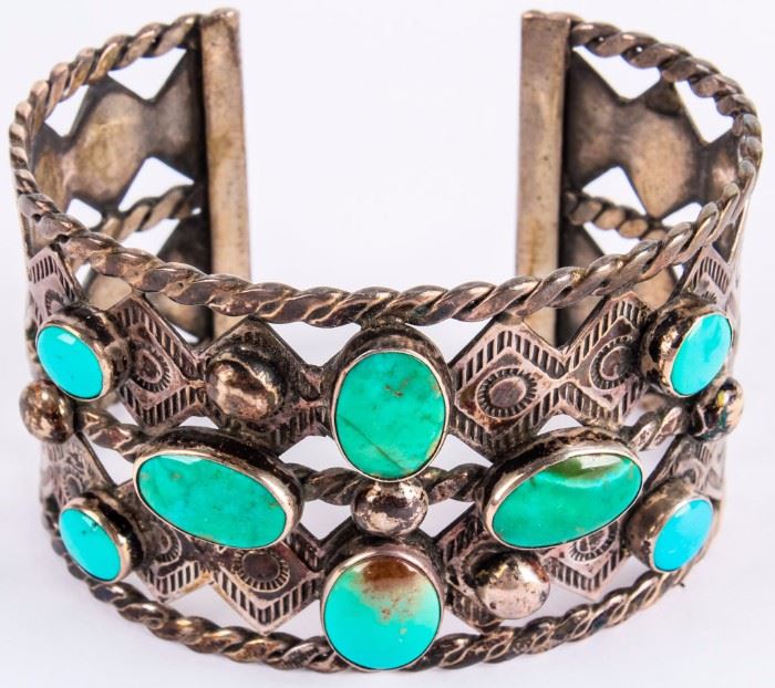 Lot 395 - Jewelry Sterling Silver Turquoise Cuff Bracelet