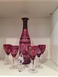 Cranberry cut to clear decanter set
