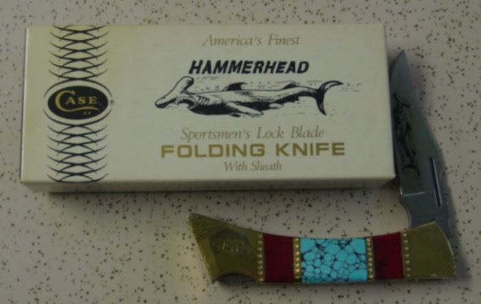 Year 1978 Case XX Hammerhead Shark Lock Blade Knife w/Blue Turquoise & Red Bloody Jasper Handles. Has Custom File Work On Blade & Spine Of Knife. Original Box & Paperwork