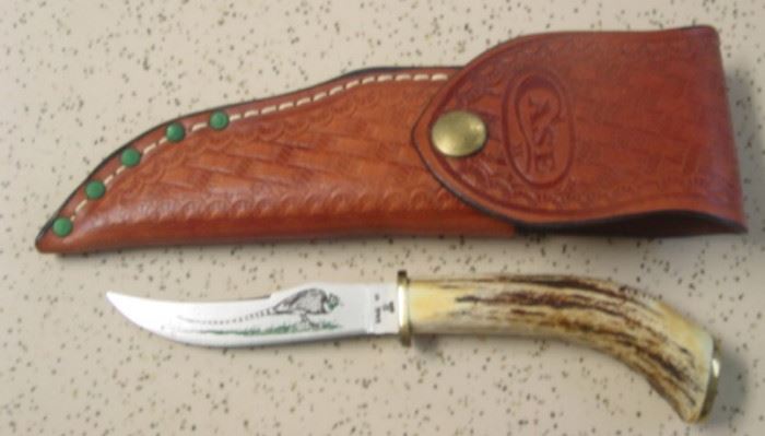 Year 1986 Case XX Bird Knife w/Stag Handle & Sheath - Has Pheasant On Blade - Mint Condition