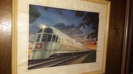 Much artwork-framed pictures, prints and oils. Burlington Route Railroad print plus other railroad misc.