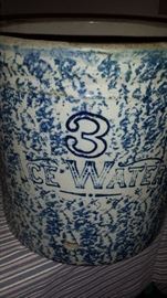 Blue spatterware "3 gal. Ice Water" crock (no spicket)