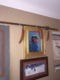 FRAMED ART AND EARLY NATIVE AMERICAN WEAPONS - NATIVE AMERICAN BOY PICTURE IS NOT FOR SALE