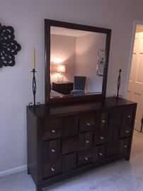 CHOCOLATE WOOD CURVED PANNEL DRESSER WITH MIRROR