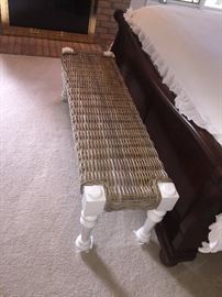 WICKER AND WHITE PAINTED WOOD BENCH