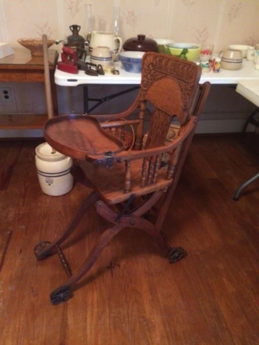 Unique antique American oak folding stroller/high chair