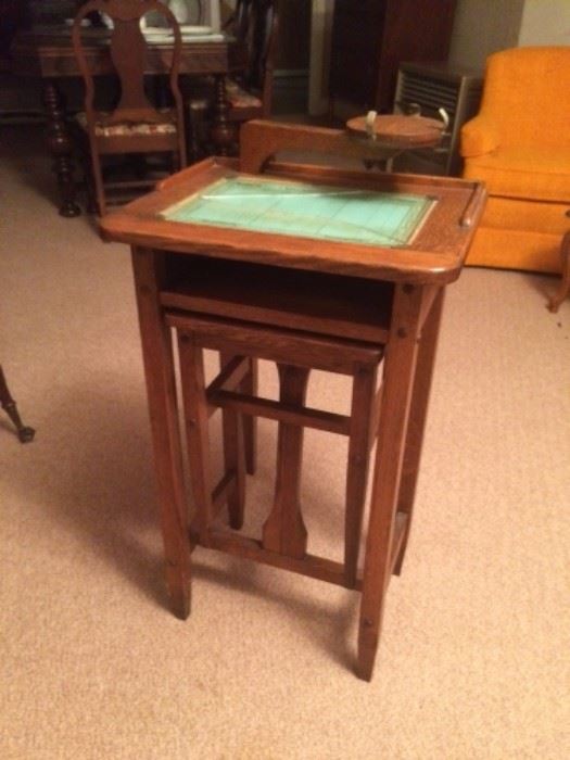 Rare American oak telephone table with fold-out chair, glass covered directory and swing out cradle for an antique candlestick phone