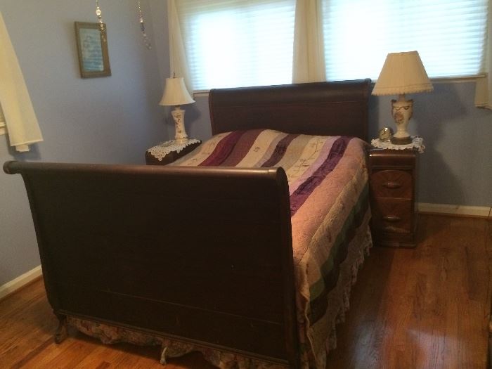Check out this room! Antique Full Sleigh Bed Frame, velvet comforter, vintage lamps, dollies, Madonna and Child antique painting, depression green glass dish and the two night stands