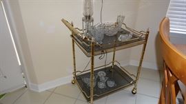 Hollywood Regency Mid Century Brass Accent Tea Car/Bar with Smoked Glass