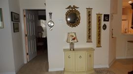 Ecru Painted White Console With Glass Lamp And Bird Shade