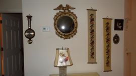 Banjo Barometer, Contemporary Federal Mirror, Needlepoint Bell Pulls, Glass Lamp with Bird Shade