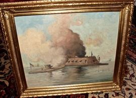 C. 1880 Painting by American Naval Artist Myron Clark of the Battle between the Monitor and the Merrimac in 1862