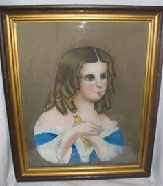Framed Pastel of Young Girl with Yellow Bird; Naive Work c. 1835