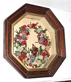 Mid-19th Century Wool Welcome Wreath in Original Octagonal Frame