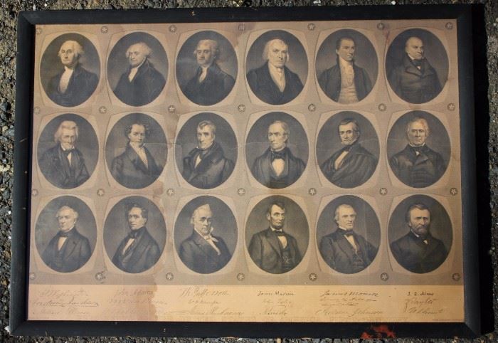 The Presidents of the First Century Framed Art

Beautiful framed antique print. Has some stains on the print but still a very fine historical piece.

Frame measures 17 1/2" x 24 1/2". From George Washington to U.S. Grant, with each President's signature reproduced on the bottom. Paper is stained on the left side. "Entered according to act of Congress in the year 1876 by T.S. Arthur & son in the office of the librarian of Congress at Washington."