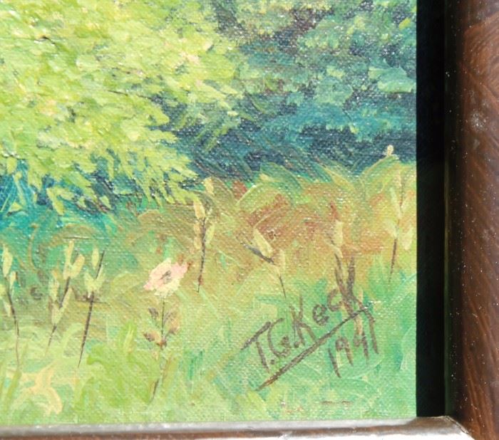 Original 1940's Painting T.G. Keck

Beautiful vintage painting on hard stock (not canvas) Frame measures 25 1/2" x 29 1/2". Signed "T.G. Keck 1941" 
