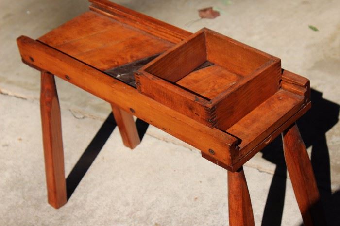 Antique Kraut Cutting Table

Well kept in a non-smoking home. Measures 20 1/2"t x 24 1/4"l x 11"w at the width of the feet. 