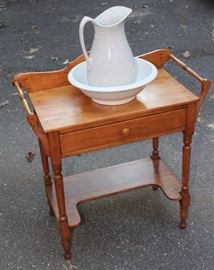 Antique Wash Stations w/ Wash Basin and Pitcher

Wash station measures 33"T x 30"W x 15"D

Has towel rack on either side, drawer, and lower platform for basin and pitcher. Very good condition!

Basin measures 4 1/2"T x 15" x 15"
Pitcher measures 13"T