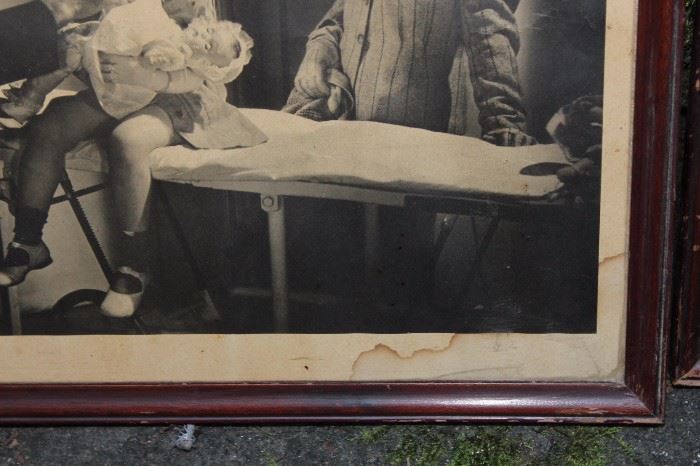 Doctor and Child: 4 Vintage Framed Photos

Frame Measurements (all four): 16"T x 18 1/4"W
Frames are in good condition, slightly distressed. Paper on backs of frames are peeling off. Slight water damage on the borders of some photos.

Titles:
"No. 1 Patty Cake"
"No. 2 Strong and Sturdy"
"No. 3 All's Well"
"No. 4 Dolly Has A Good Heart"

Backs read "From original photography by Valentino Sarra. Compliments of McKessen & Robbins, Incorporated"