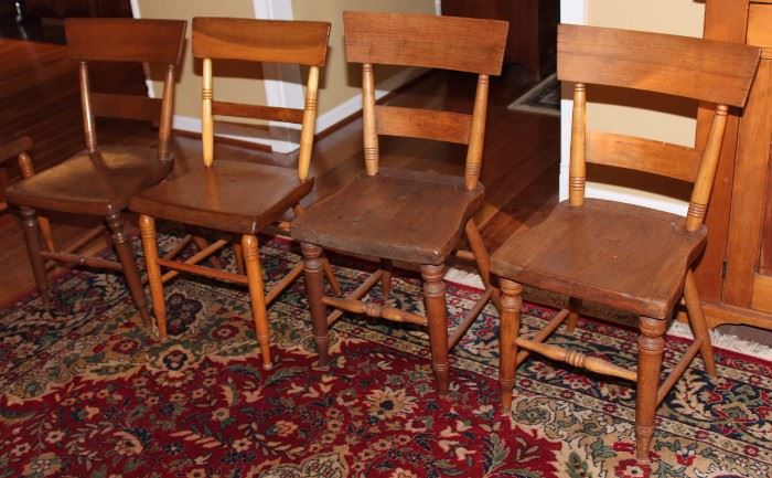 Four Antique Wood Chairs

Overall good condition, well kept in a beautiful non-smoking home by an antiques collector.

Measurements average 31 1/2"t to 33"t, overall 15 1/2"w and 16" to 17"d.