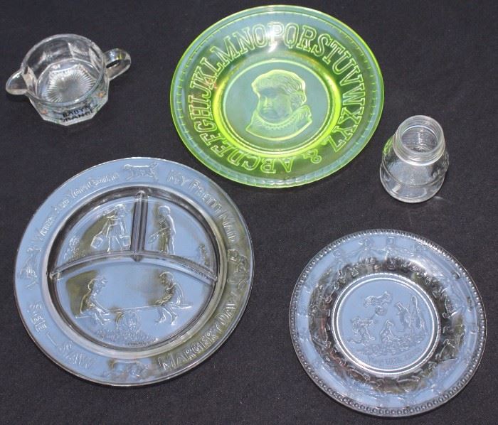 Antique/Vintage Glass Baby Plates & More

Cute and collectible. In very good condition. 3-sectioned plate with "Where Are You Going", "My Pretty Maid", "See-Saw", "Margery Daw". - plate is 8 1/2" diameter.

"Hey! Diddle Diddle" plate is 6 1/2"

Alphabet plate is 8"

Lot also comes with "Baby's Orange" pourer, 1 3/4"t x 5"l and small bottle 3 1/2"
