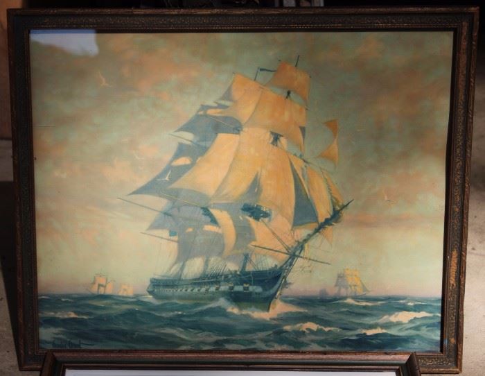 Vintage Gordon Grant Framed Nautical Print

Nice reproduction of a tall ship in rough seas. Vintage frame measures 21 1/2" x 17 1/2".  Some damage to frame, still a very classy piece.

Lot also comes with a framed print of "Maryland Pilot Schooner Commerce 1850". Frame measures 13 3/4" x 17 1/2"
