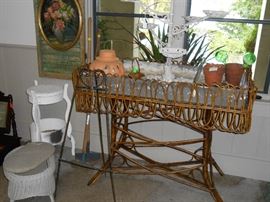 aluminum planter, floral painting, wicker stand and stool, etc.