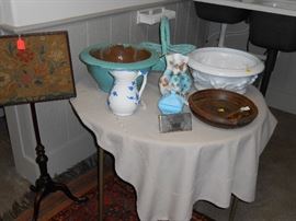 fire screen, bowls, and pitchers