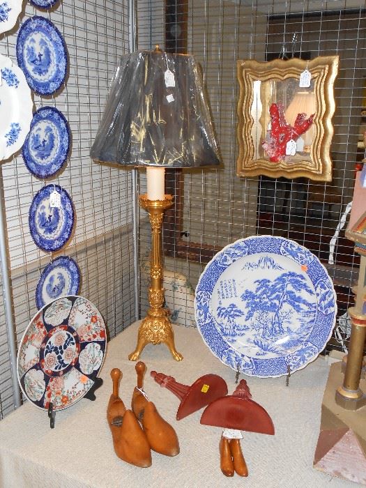 gilt bronze lamp, gilt wood shadow box with natural coral, and blue ware