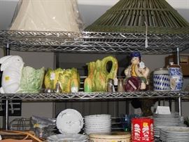 Italian pottery, wicker lamp shade, Delft Toby pitcher, Goebel stein, antique flour canister, vintage tins, etc.