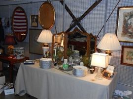 porcelain dinner plates, lamps, Belgian vanity mirror, etc.
