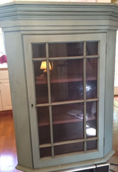 Lovely painted antique corner hutch - a cool blue/green color