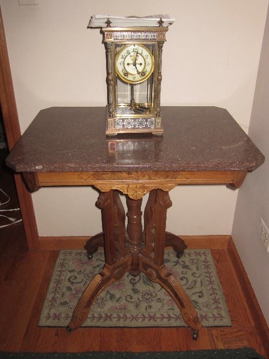 Ansonia cloisonne mantle clock, antique marble table