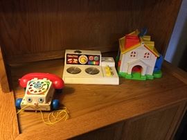 Vintage Fisher Price telephone, stove and house