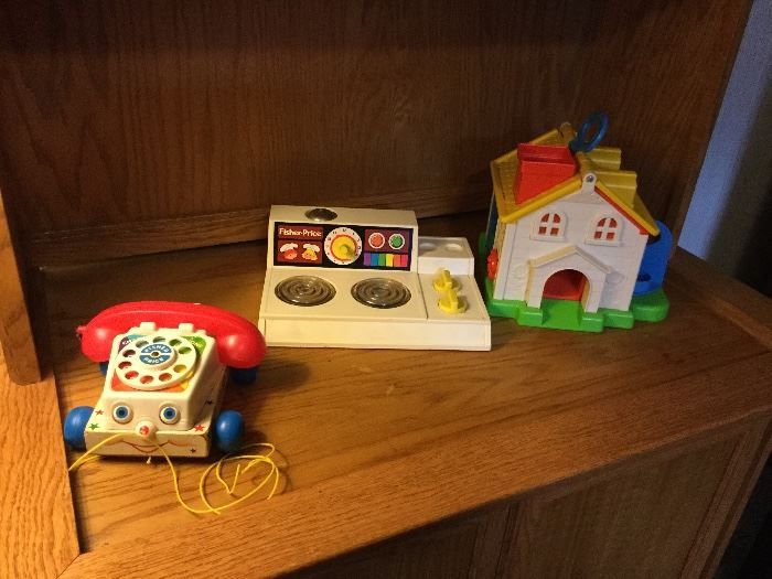 Vintage Fisher Price telephone, stove and house