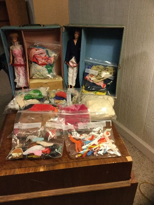 Vintage "wig" Barbie and Ken with large collection of clothes, hangers, accessories 