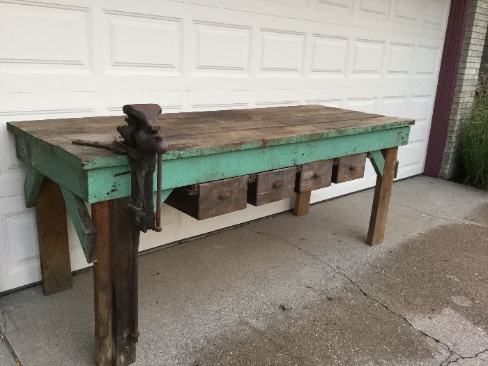 Antique vice on vintage workbench