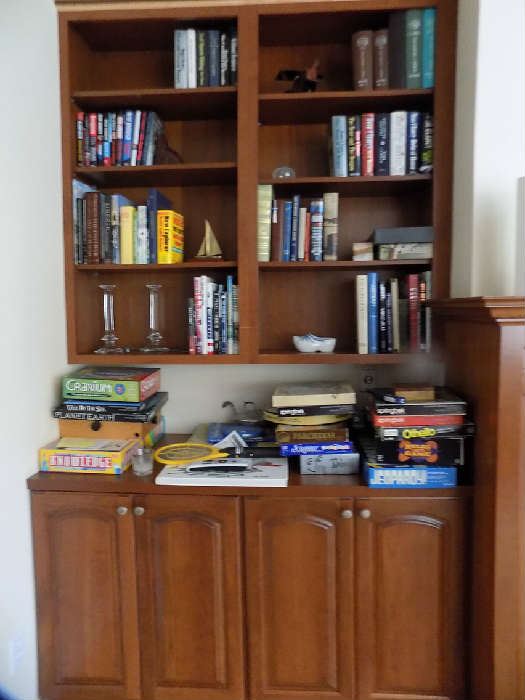 Many books, boating, biographies, WWII, Air Force, Civil War, beautiful coffee table books, many more.  Many games., puzzels