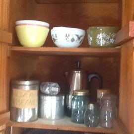 Vintage Pyrex bowls, Vintage tins and vintage ball jars 