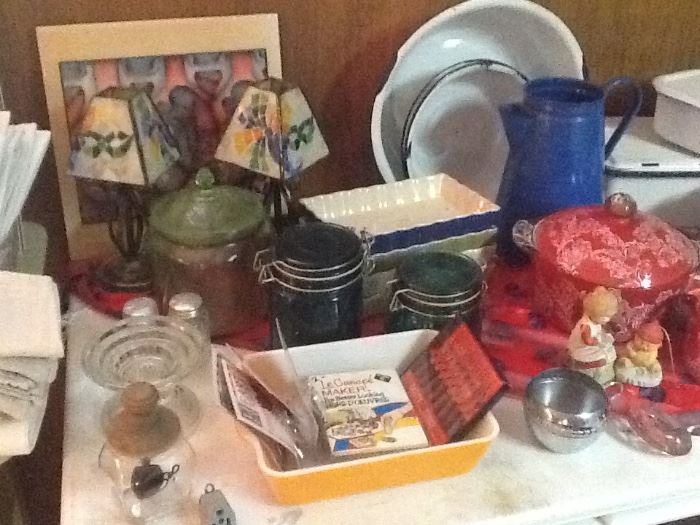 Small Stainglass lamps, Cobalt blue jars, Vaseline glass canister, Mid Century cocktail forks, Vintage honey jar, Culinary colors bakeware