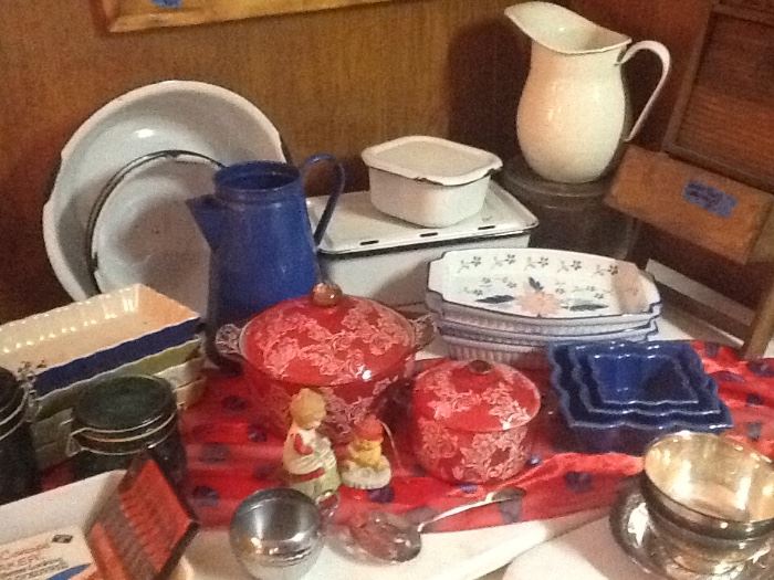 Enamelware bowls, pitcher and refrigerator boxes, Sterling Home bakeware