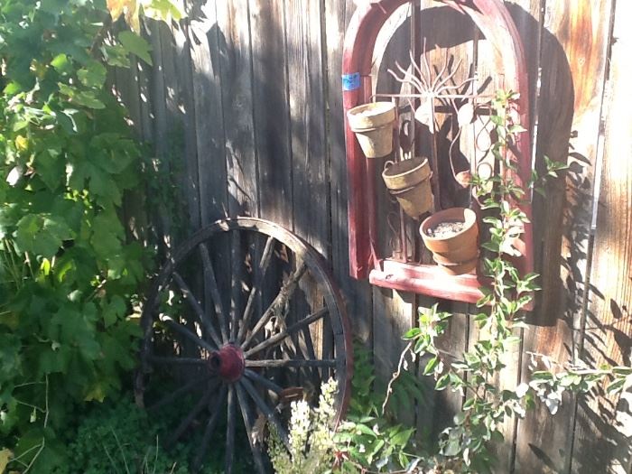Vintage wood wheel, Decorative wood framed metal planters