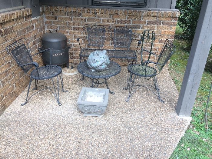 Wrought Iron Patio Set with Loveseat 2 Chairs and Table, Concrete Planter, BBQ Charcoal Grill