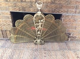 Brass Peacock Fan Style Fireplace Screen