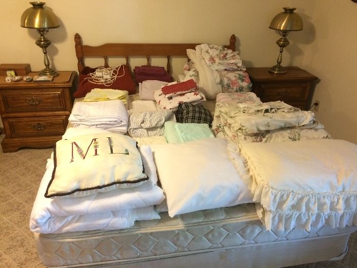 Vintage Queen Bed and Queen Mattress Set, Linens