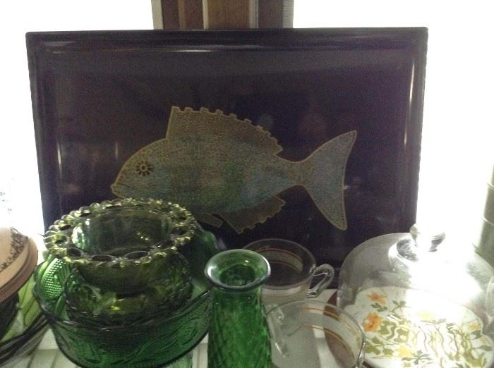 70s fish tray, green glass, amber glass