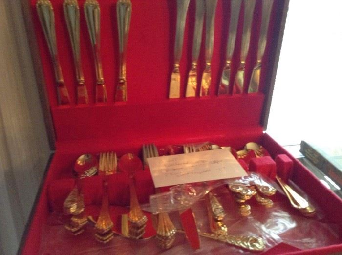 Gold tone metal silverware, hundreds of pieces of silverplate, some sterling 